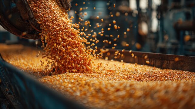 An industrial machine releases a stream of golden corn kernels, symbolizing automated grain processing, agricultural production, and harvest business efficiency.
