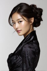 A woman with a black dress and a black hair bun