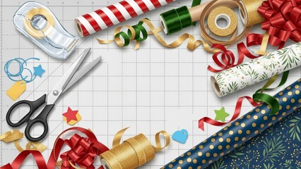 Festive Gift Wrapping Supplies with Scissors, Ribbons, and Paper on a Grid Background.
