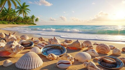Tropical beach scene with seashells and ocean view during sunset