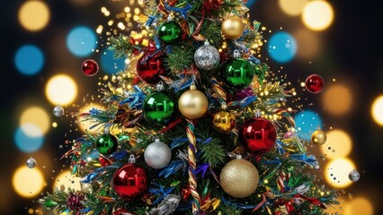 Festive Christmas Tree Decorated with colorful ornaments and sparkling lights in a warm holiday
