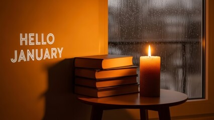 Cozy indoor scene with Hello January text, burning candle, and stack of books by a rainy window.
