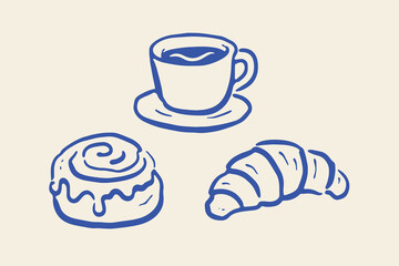 Coffee Cup with Croissant and Cinnamon Roll Minimal Doodle Vector