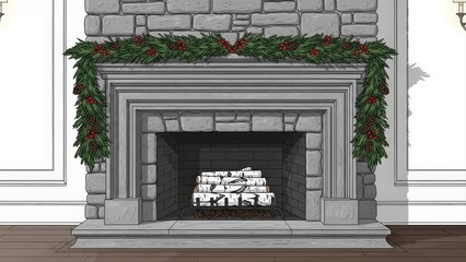 Cozy Fireplace with Stone Mantel and Festive Greenery Garland.