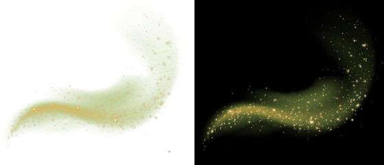PNG image of Abstract glowing green magic dust trail with golden sparkles swirling against a dark backdrop on white background © Nurun Nahar