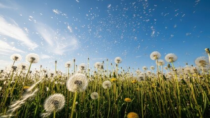 Bright sunny day in a dandelion field with floating seeds and clear blue sky