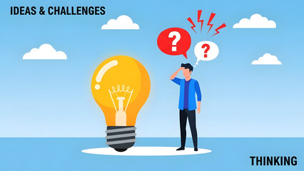 Creative young man thinking about business innovation and future ideas with glowing light bulb for strategic solution digital transformation and global startup success in modern office