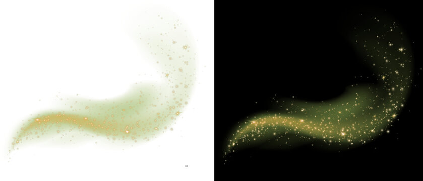 PNG image of&nbsp;Abstract glowing green magic dust trail with golden sparkles swirling against a dark backdrop on white background