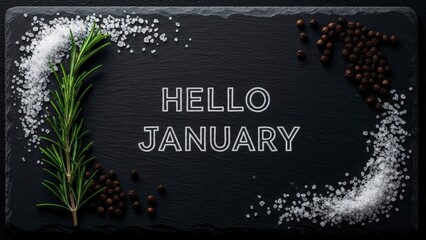 Hello January text on a dark background with rosemary, salt, and pepper, symbolizing a fresh start to the new year.