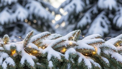 Festive snow-covered pine branches decorated with warm string lights for holiday decoration
