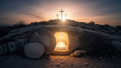 Sunset Over a Hilltop with Crosses and a Small Cave with a Lamp Illuminated Inside