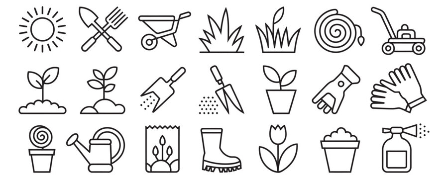 Gardening tools and plants icons for landscaping and growth