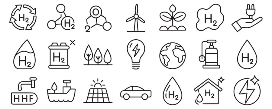 Hydrogen fuel cell energy icons set for sustainable power solutions