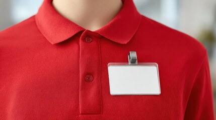 A close up of a person wearing a red polo shirt with a blank name tag, symbolizing service work, professionalism, and customer interaction.
