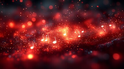 Fototapeta premium Glowing musical notes on a vibrant red abstract background with bokeh lights treble clef