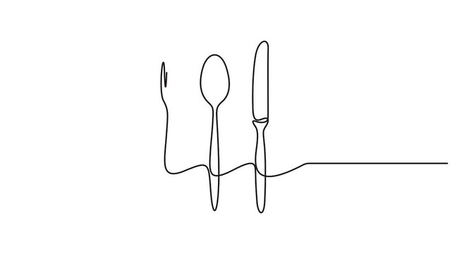 Self animated continuous line drawing of cutlery, Single line drawing spoon, fork and knife, typically used as a minimalist icon or logo for restaurants or food-related services vector illustration