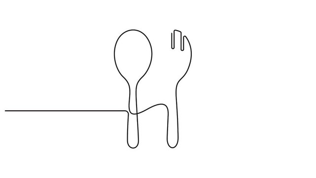 Self animated minimalist, continuous line drawing of a spoon and a fork, Single one line drawing of spoon and fork animation