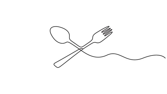 Self animated continuous line drawing illustration of a spoon and a fork-Minimalist design is a common icon used for restaurants, cafes, or food delivery services