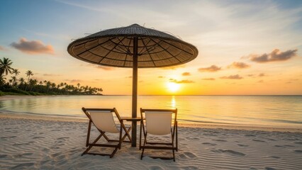 Serene Beach Scene with Two Chairs and a Sun Umbrella at Sunset