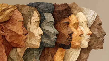 A group of diverse human profiles formed from crumpled paper symbolizes unity, equality, and shared humanity across different skin tones.
