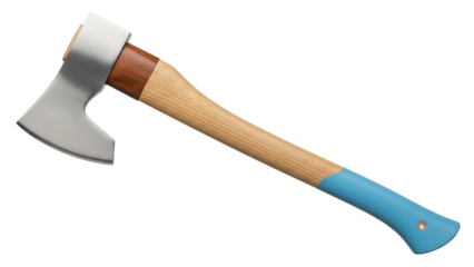 A silver axe with wooden and blue handle isolated on transparent background