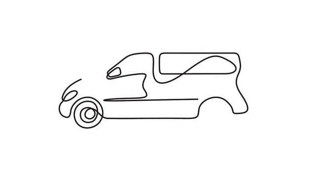 Self animated continuous line art drawing of a delivery van or cargo minibus. Single one line drawing of delivery animation