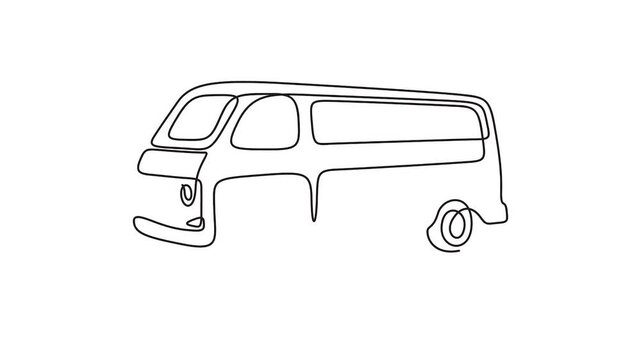 Self animated minimalist, single-line drawing of a vintage-style van vector illustration