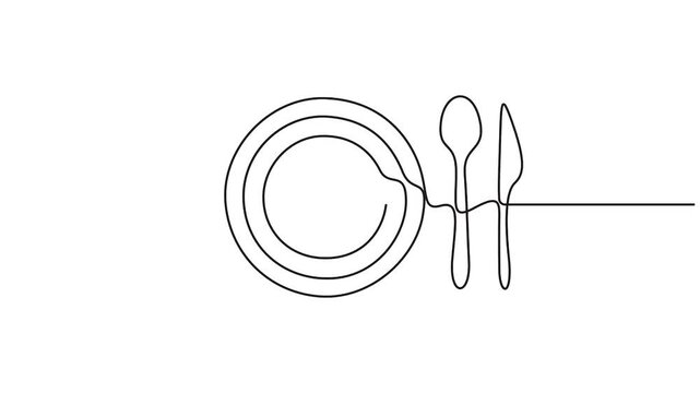 Self animated continuous one-line drawing spoon, fork and knife- Minimalist style is often used for restaurant logos or menu illustration