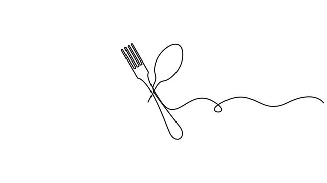 Self animated continuous one-line art illustration of cutlery, specifically a spoon and a fork vector illustration