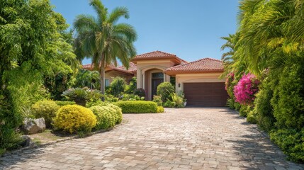 Obraz premium A luxurious single family house with palm trees, a brick driveway, and a manicured garden reflects comfort, elegance, and tropical living. 