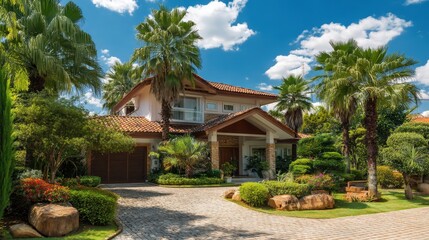 Fototapeta premium A luxurious single family house with palm trees, a brick driveway, and a manicured garden reflects comfort, elegance, and tropical living. 