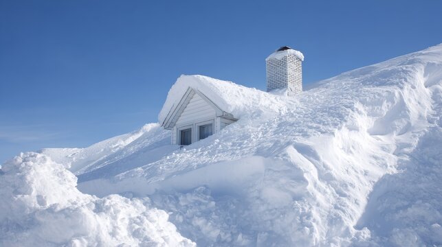 A house rooftop buried under heavy snow after a winter storm highlights structural risk, seasonal maintenance, and weather impact.
