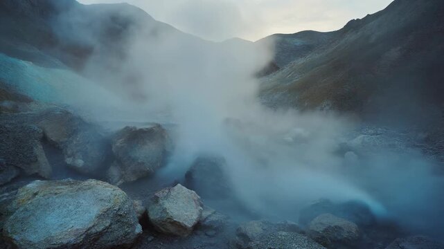 Powerful Geothermal Venting Steam Rising from Volcanic Rocks in a Dramatic Mountainous Landscape