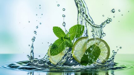 Fresh mint and lemon slices falling into water with splash effect capturing freshness and vibrant