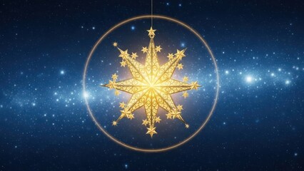 Elegant golden star-shaped ornament illuminating a cosmic starry background suitable for festive
