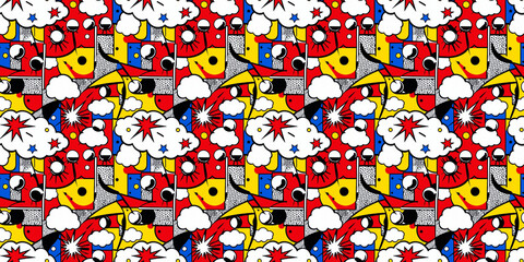 Fototapeta premium Dynamic abstract seamless pattern, comic style, bold outlines, bright pop art, chaotic design, apparel, backgrounds, stationery