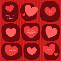 Valentine&rsquo;s Day heart pattern featuring red and pink hearts with romantic messages like I Love You, XOXO and Happy Valentine&rsquo;s Day. Cute and modern design background.