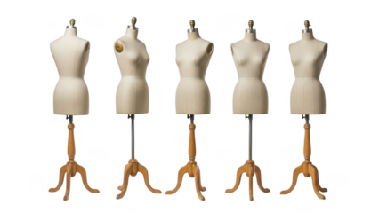 Five female dressmaker's mannequins isolated on transparent background