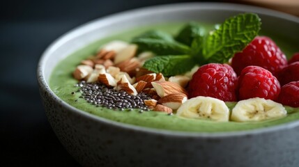 A vibrant green smoothie bowl topped with fresh raspberries, banana slices, almonds, and chia seeds, offering a nourishing breakfast option that is both delicious and visually appealing.