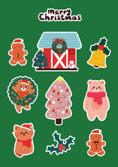 cute hand drawing cartoon bear, cat and Christmas element for Christmas sticker. cute Christmas sticker sheet
