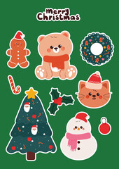 cute hand drawing cartoon bear, cat and Christmas element for Christmas sticker. cute Christmas sticker sheet