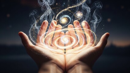 fantastical hand with glowing galaxies and cosmic energy in a mystical night scene