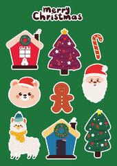 cute hand drawing cartoon bear, llama and Christmas element for Christmas sticker. cute Christmas sticker sheet
