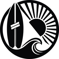 Retro circular surfboard and sun logo beach lifestyle vintage summer design Vector illustration