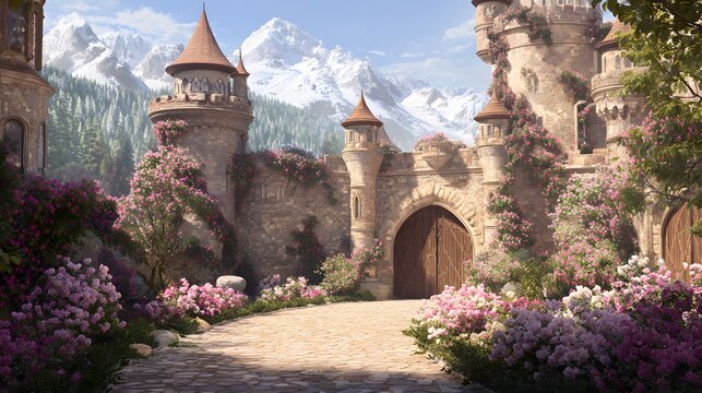 Majestic castle gate roses bloom beneath snow peaks a serene fairytale landscape unfolds beautifully - Powered by Adobe