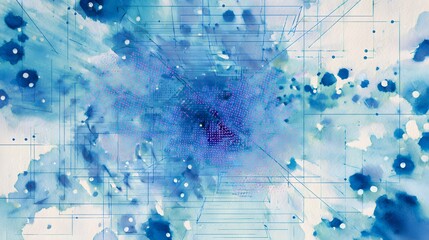 Glowing blue portal watercolor abstract data patterns futuristic digital innovation serene design concept