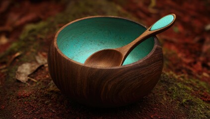 A dark wood bowl with teal interior and matching spoon rests on mossy ground.  The bowl is round and smooth, showcasing rich wood grain