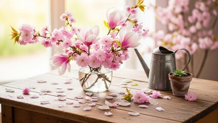 Elegant Cherry Blossom Arrangement with Watering Can and Pot on Wooden Table for Spring Decor