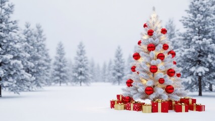 Festive White Christmas Tree Decorated with Red Ornaments and Surrounded by Gift Boxes in Snowy