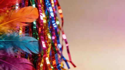 Fototapeta premium Vibrant Feathers and Shimmering Streamers Festive Background